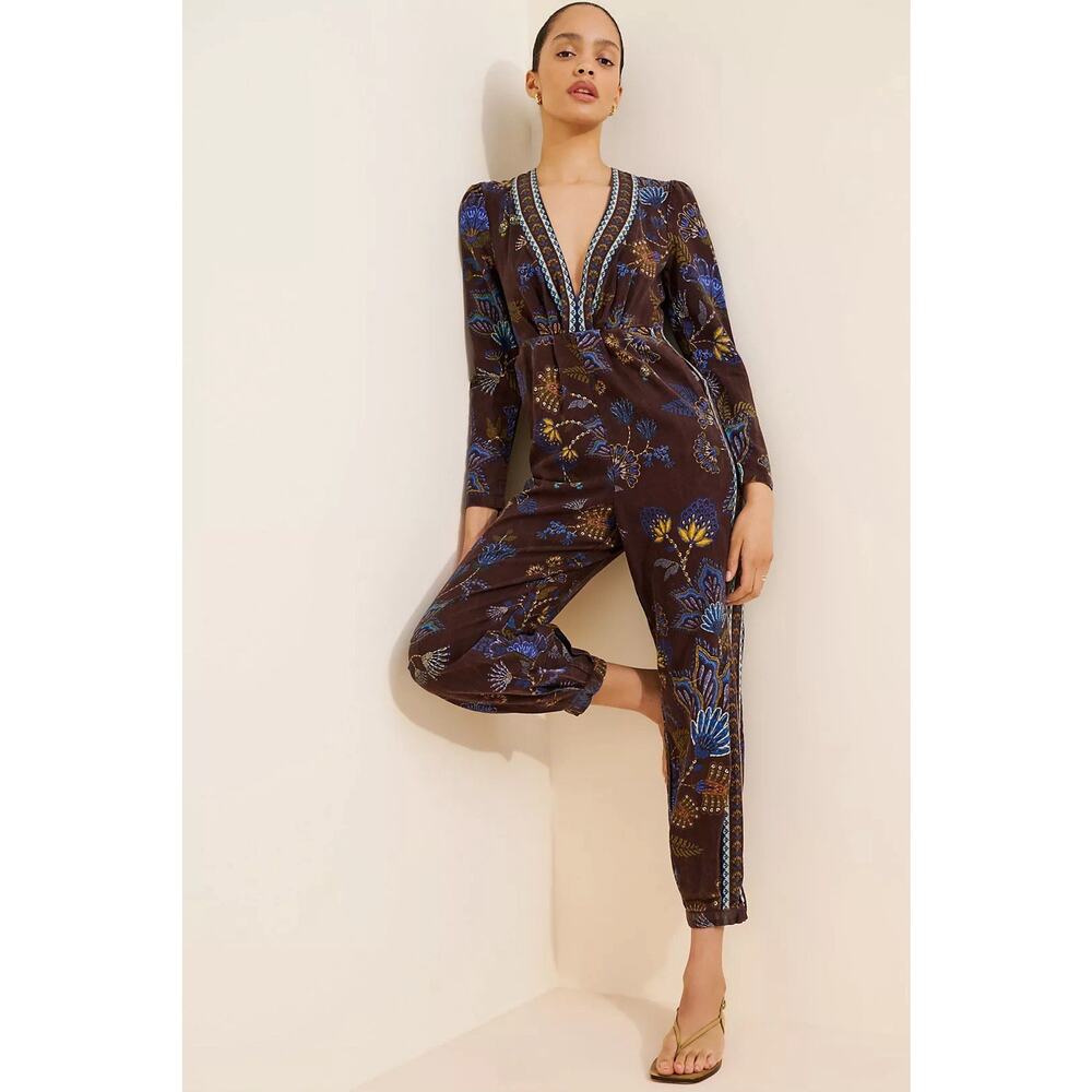 Farm Rio Brown Embroidered Garden Floral print V Neck Jumpsuit Canvas Cotton M
